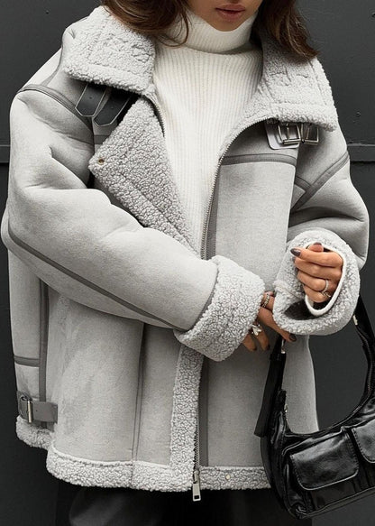 Shearling Aviator Jacket With Buckle Accents