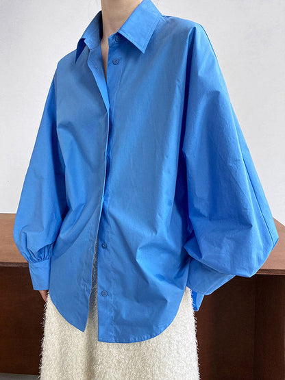 Long Sleeves Loose Buttoned Pleated Solid Color Lapel Blouses&Shirts Tops