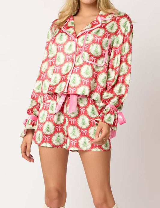 2-Pcs Bow Tie Long Sleeve Shorts Pajamas Sets