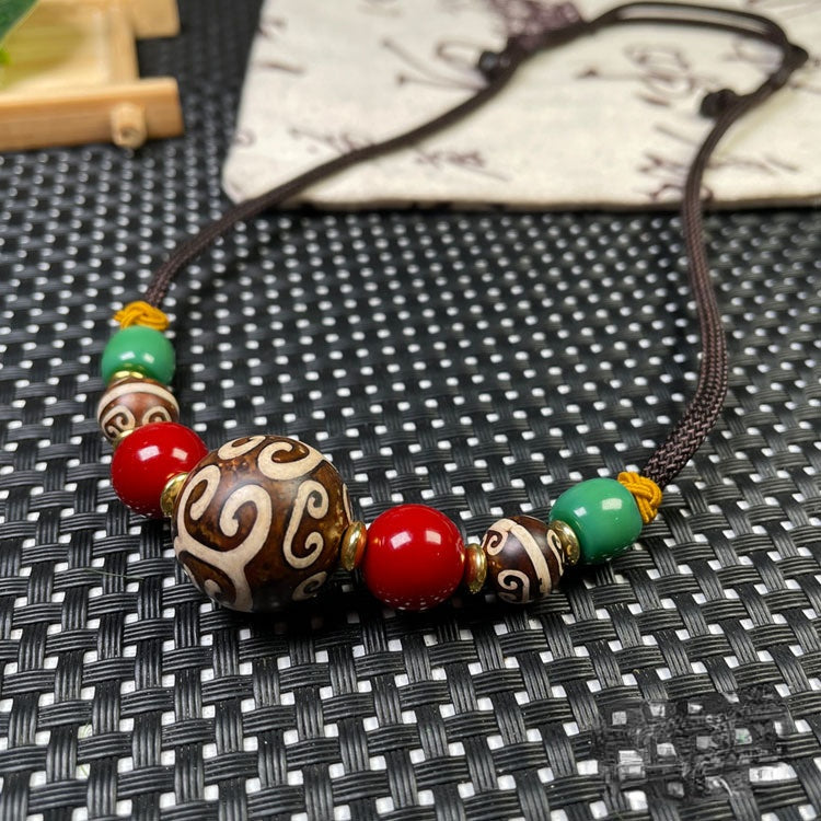 Tibetan Pattern Beads Lanyard Clavicle Chain With Aka Red Xueba Glass Accessories Necklace