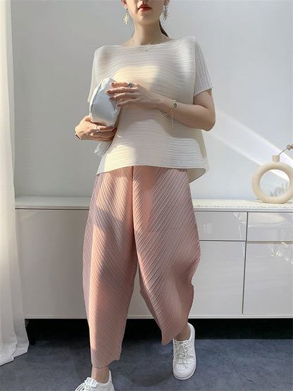 Harem Pants High Waisted Elasticity Pleated Solid Color Split-Joint Ninth Pants Pants Trousers