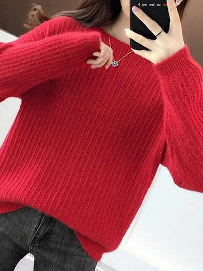 Simple Casual Loose 4 Colors Round-Neck Long Sleeves Sweater Top
