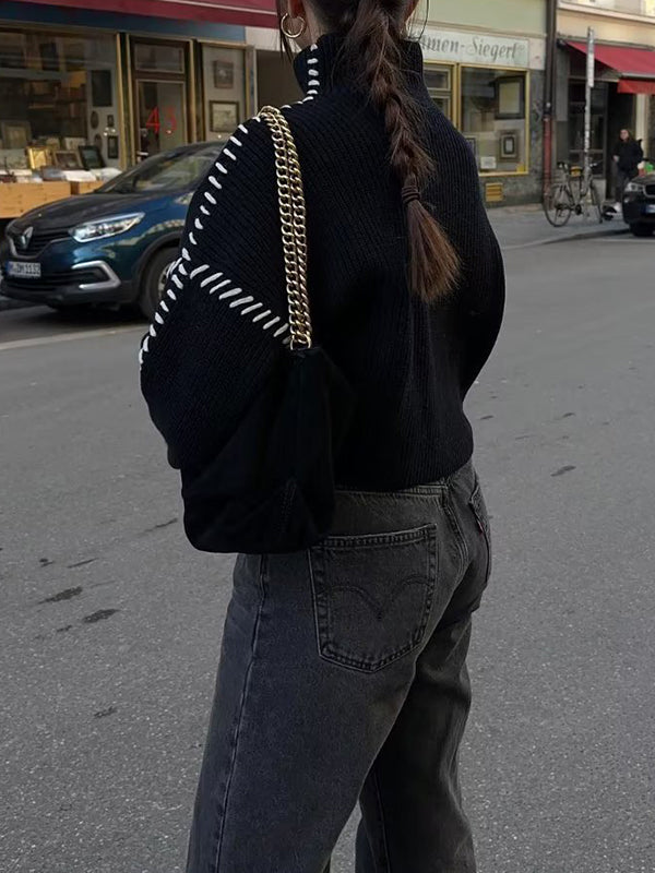 Contrast Color Loose Look-Younger Round-Neck Sweater