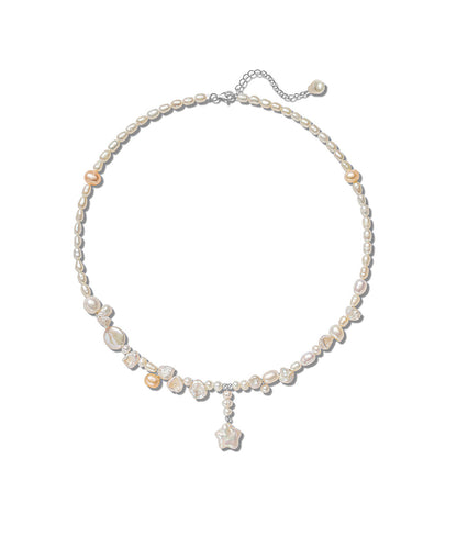 Boho White Sterling Silver Pearl Pentagram Pendant Necklace