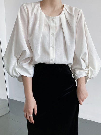 High-Low Loose Pleated See-Through Solid Color Split-Joint Round-Neck Blouses