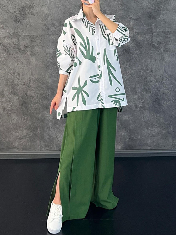 Lapel Printed High-Low Blouse+ Elasticity High Waisted Split-Side Pants Bottom Two Pieces Set