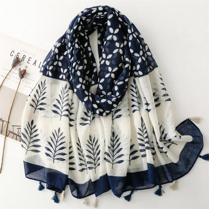 Scarvii - Blue &amp; White Wheat Pattern Bohemian Scarf