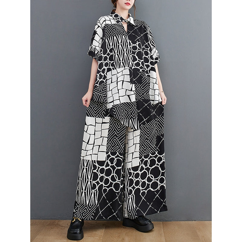 Original Loose Contrast Color Plaid Polka-Dot Blouse&Wide Legs Pants Two Pieces Set