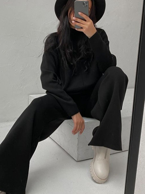 Loose Solid Color High-Neck Sweater Tops&Pants Suits