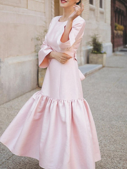 A-Line Long Sleeves Pleated Solid Color Split-Joint Tied Waist Round-Neck Maxi Dresses