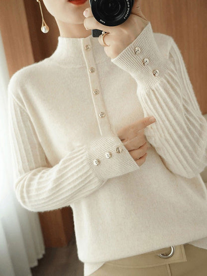 Casual Puff Sleeves Long Sleeves Solid Color Half Turtleneck Sweater Tops