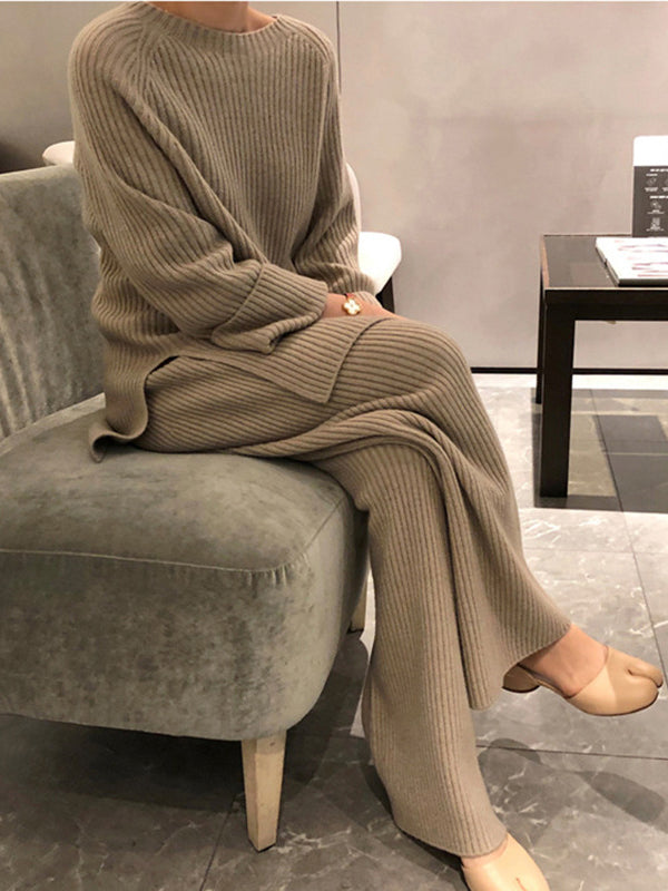 Long Sleeves Wrap Solid Color Split-Side Round-Neck Sweater Tops&Pants Suits