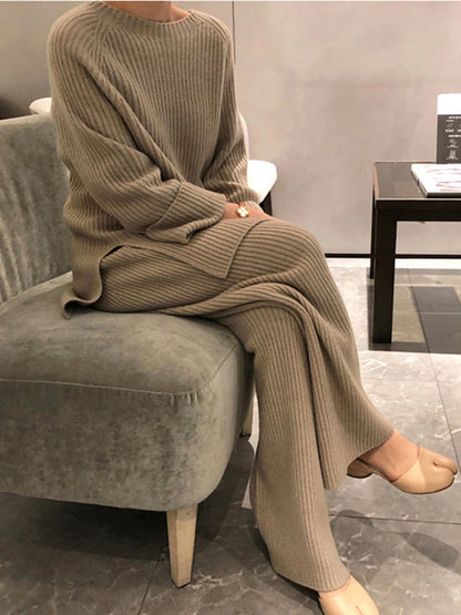 Long Sleeves Wrap Solid Color Split-Side Round-Neck Sweater Tops&Pants Suits