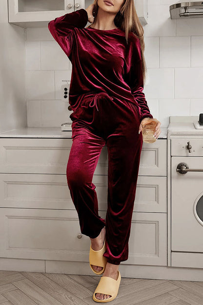 Red Solid Velvet Round Neck Top \u0026 Drawstring Pants Longe Set