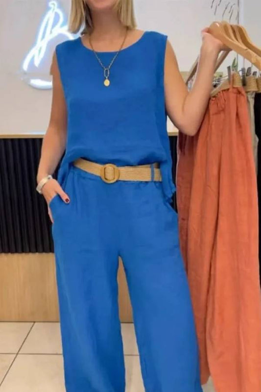Cotton and linen solid color sleeveless trousers two-piece suit