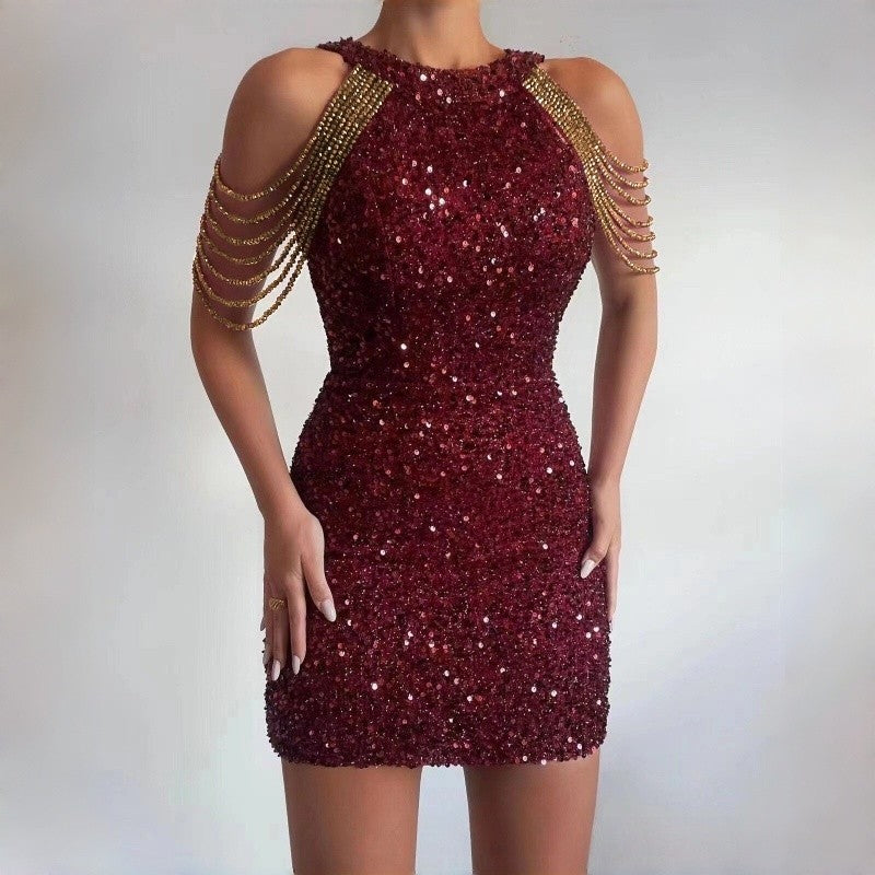 Crystal Chain Mermaid Sequin Evening Dress