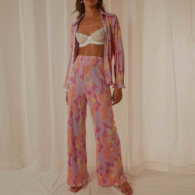 Printed Pleated Long Sleeve Long Pants Set