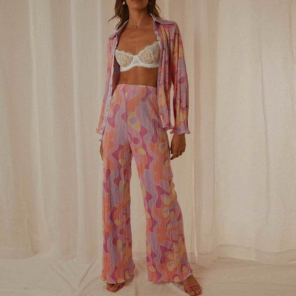 Printed Pleated Long Sleeve Long Pants Set