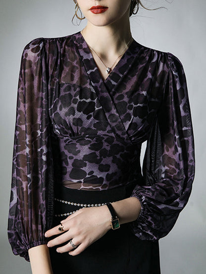 Long Sleeves Plus Size Leopard V-Neck T-Shirts Tops