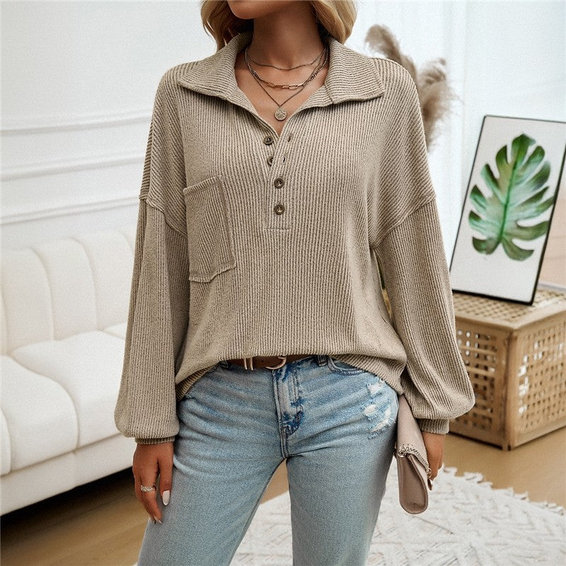 Orange Casual Turn-Down Collar Knit Sweater