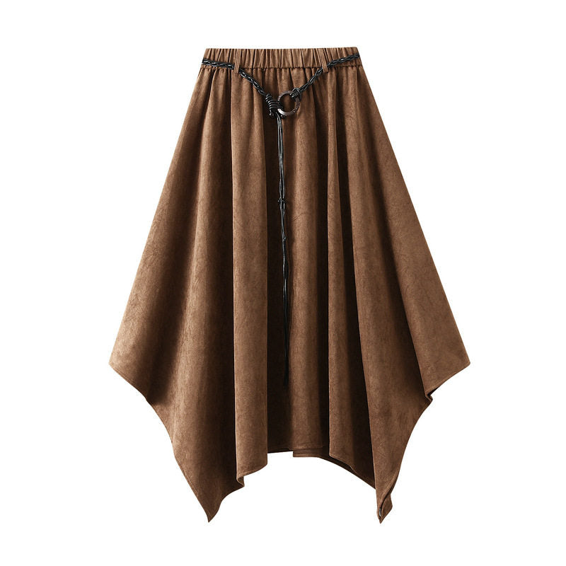 High Waist Suede Skirt With Belt And Asymmetrical Hem