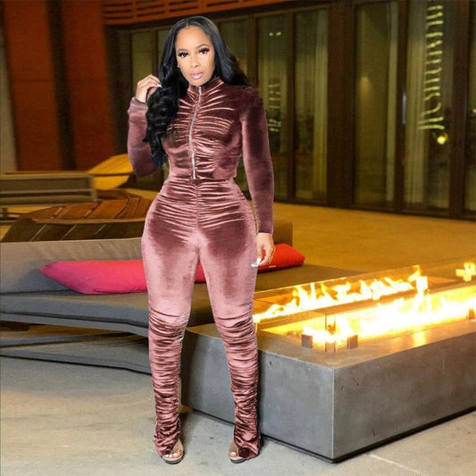 Pleated Solid Color Coat Pants Two Piece Set