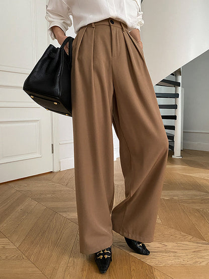 Loose Wide Leg Pleated Solid Color Pants Trousers