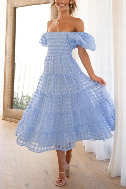 Fashionable One-Shoulder Chiffon Puff Sleeve Swing Midi Dress