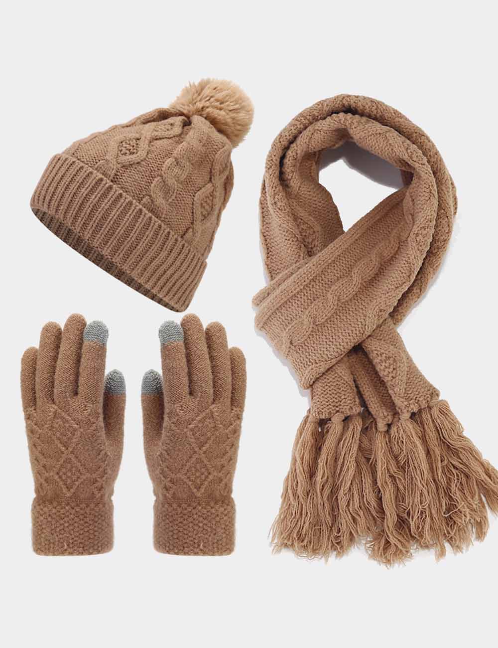 Winter Cable Knit Thermal Scarf Hat Gloves Sets