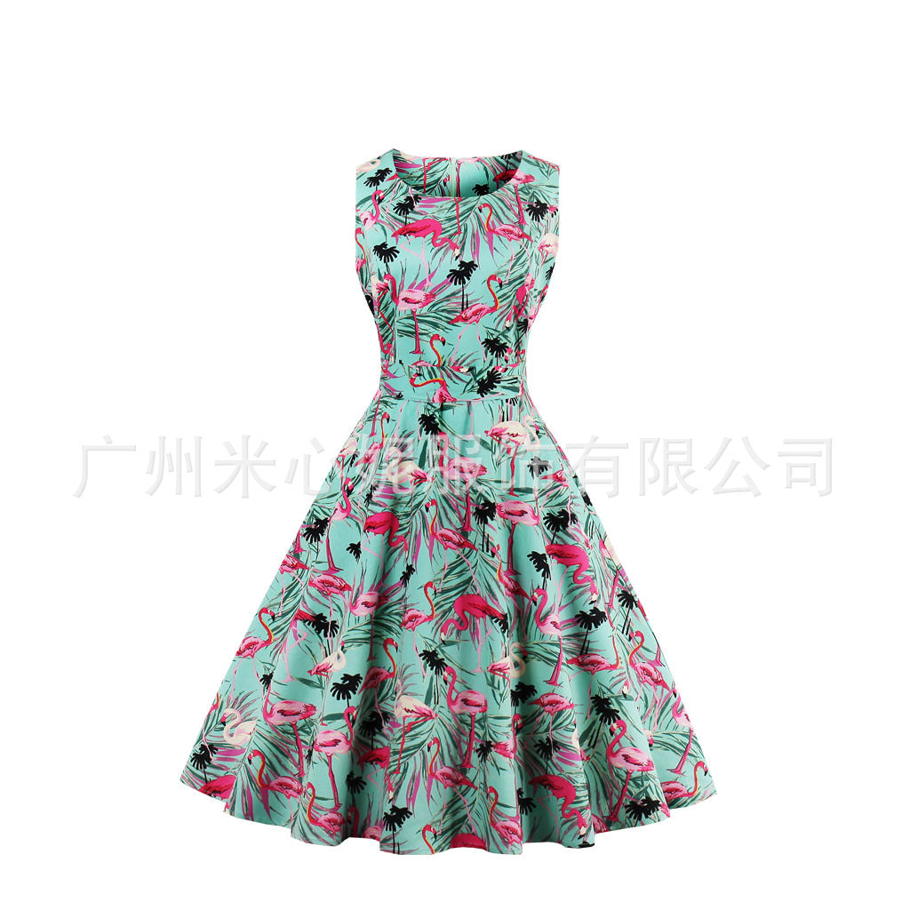 Vintage Floral Print Sleeveless Dress for Women