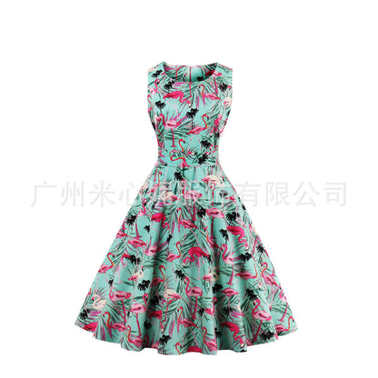 Vintage Floral Print Sleeveless Dress for Women