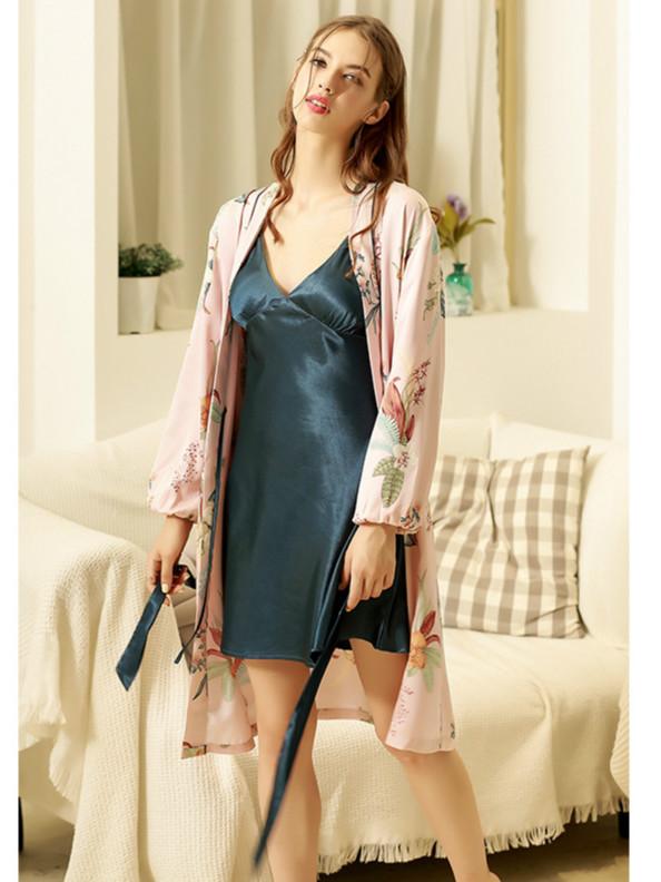 Suspender Ice Silk Solid Color Nightdress Set Printing Long Sleeve Nightgown Autumn And Winter Sexy Two Piece Set With Belt Pad