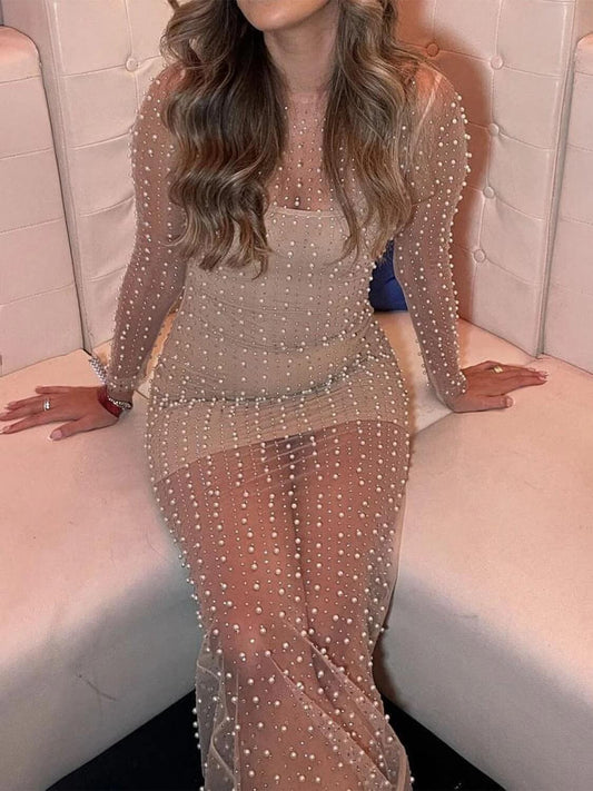 Rhinestone See Through Split Maxi Dress