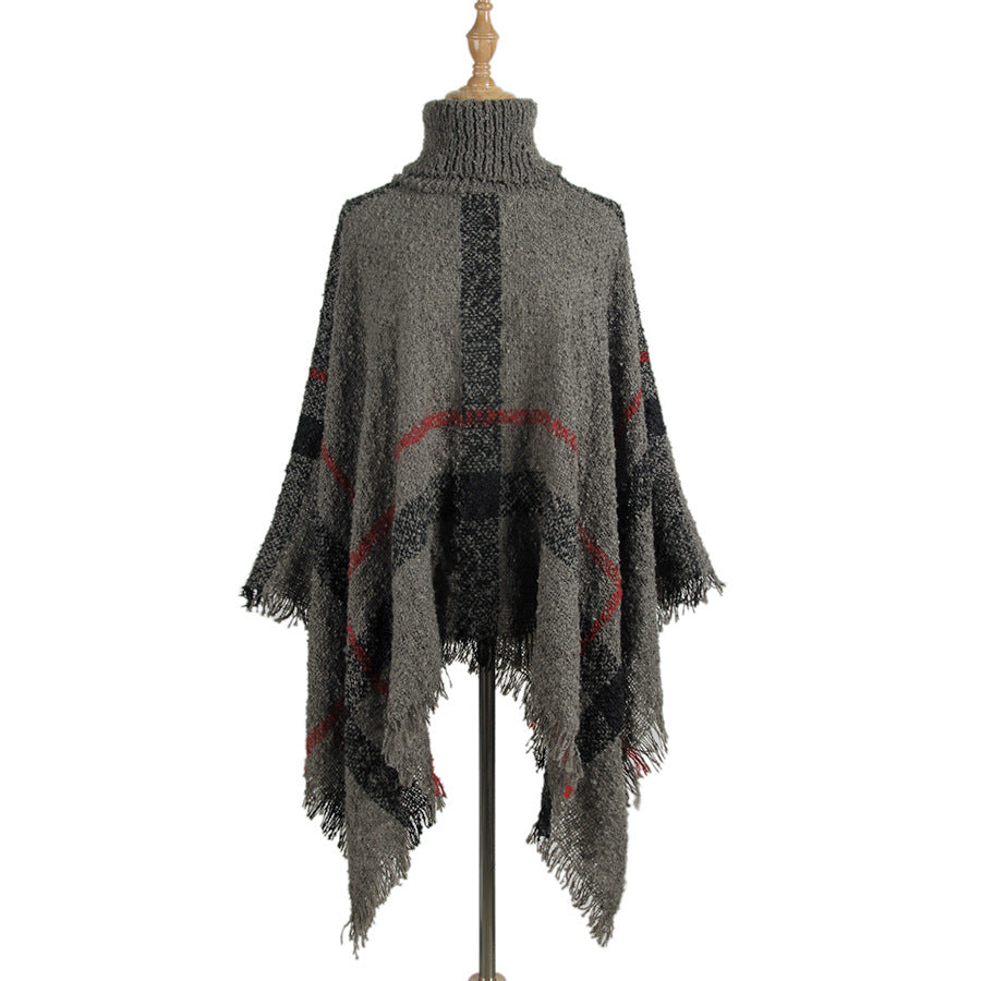 Sweater Women'S Mid-Length High Collar Fringe Cape Loose Large Size Knit