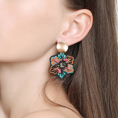 Earwish - Boho Fabric Floral Earrings - Blue / Green