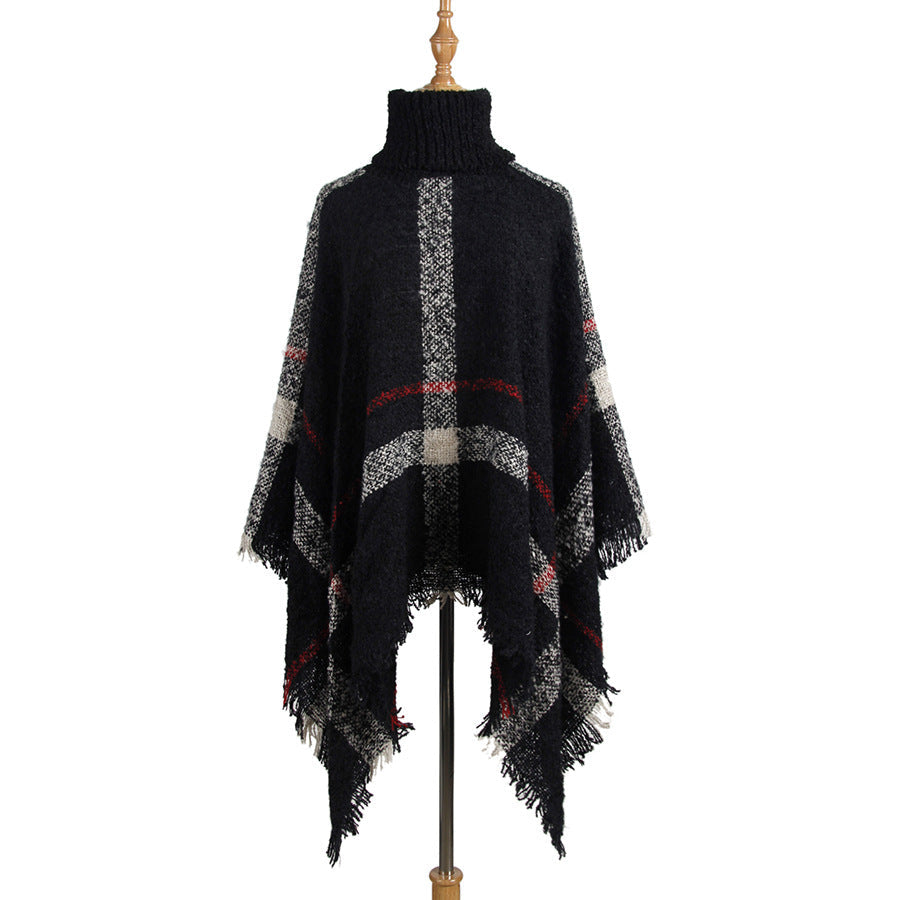 Sweater Women'S Mid-Length High Collar Fringe Cape Loose Large Size Knit
