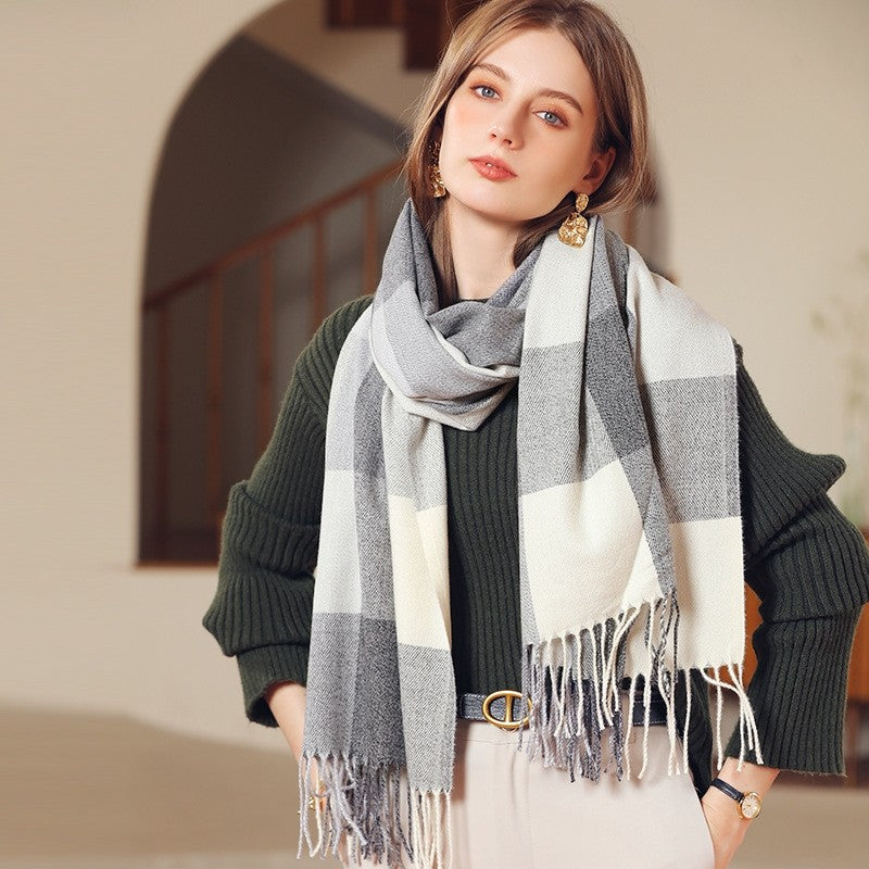 Color Block Plaid Fringe Scarf