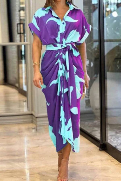 V-Neck Pleated Belt Short Sleeve Dress