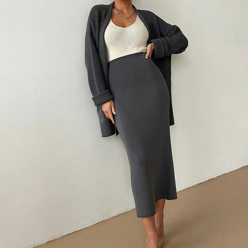 2 Pcs Solid Color Cardigan Sweater Skirt Set