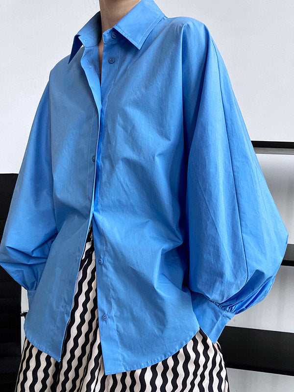 Long Sleeves Loose Buttoned Pleated Solid Color Lapel Blouses&Shirts Tops