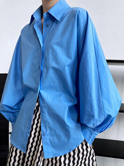 Long Sleeves Loose Buttoned Pleated Solid Color Lapel Blouses&Shirts Tops
