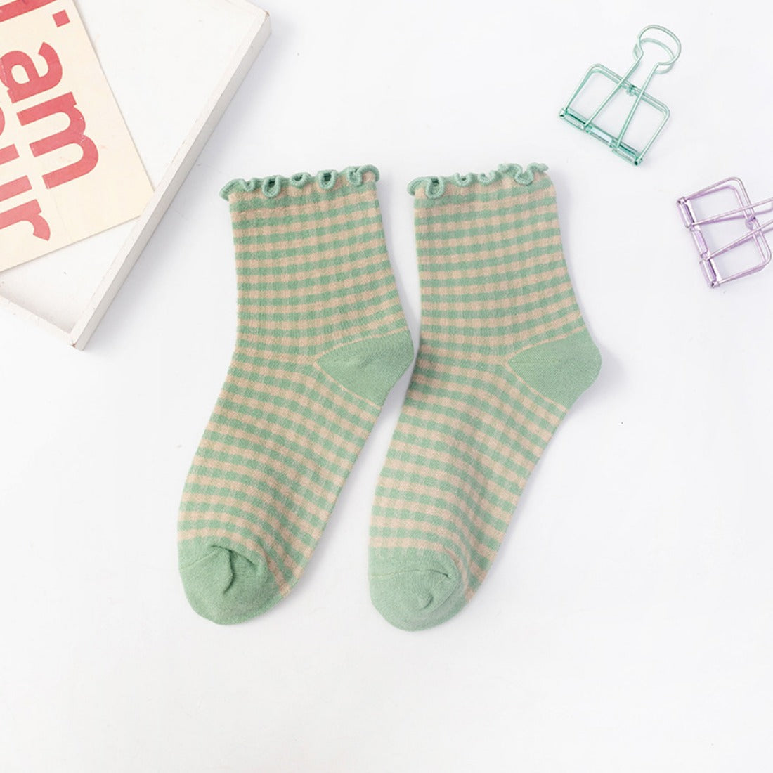 Rufia - Colorful Check Pattern Lace Socks