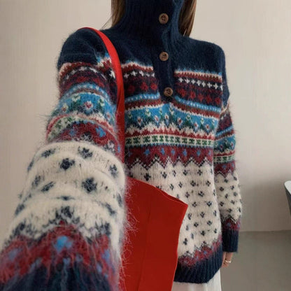 Fair Isle Christmas Sweater Women's Polo Neck Knitwear
