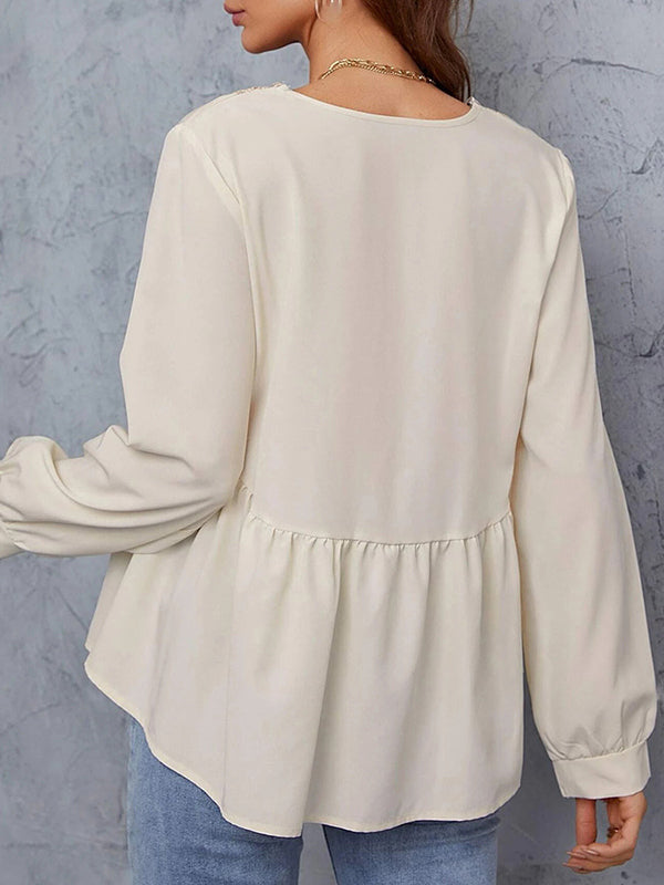 Long Sleeves Loose Embroidered Solid Color Split-Joint Blouses&Shirts Tops