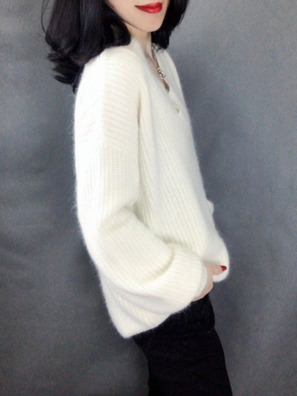 Loose Long Sleeves Solid Color V-Neck Sweater Tops