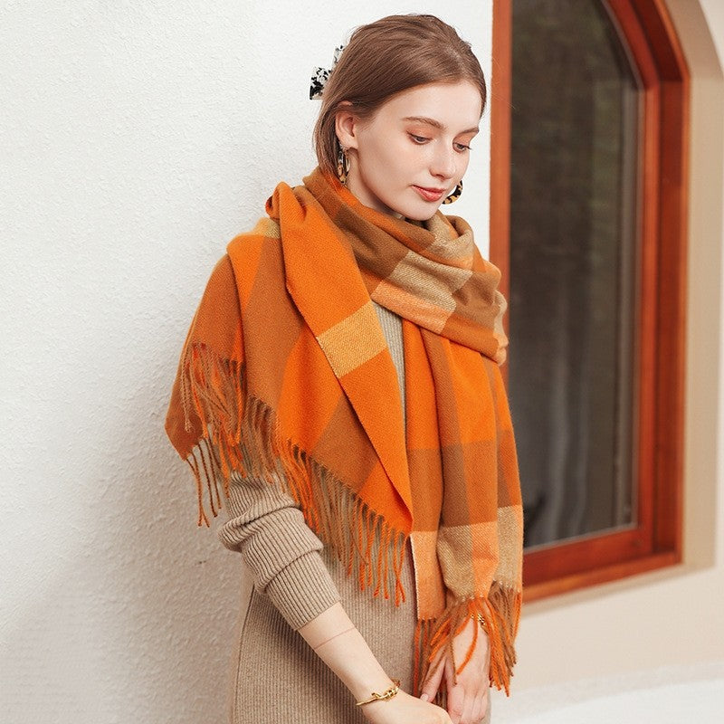Plaid Print Tassled Warm Imitated Cashmere Shawl Scarf