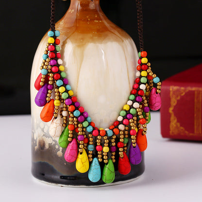 Bohemian Turquoise Hand-Woven Short Money Chain Full Sincere Jewelry Drop Pendant Clavicle Chain Necklace