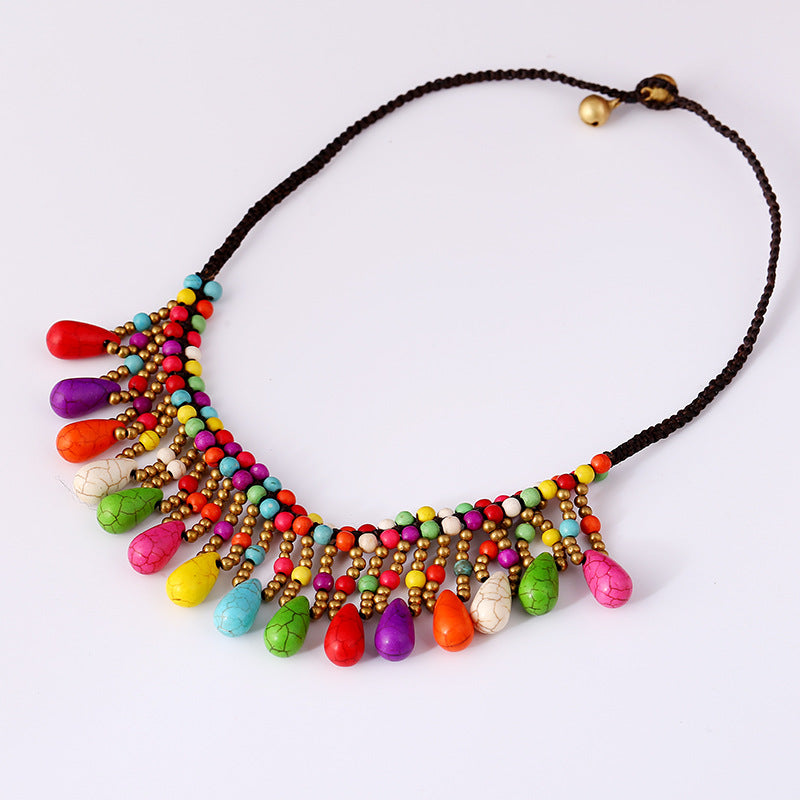 Bohemian Turquoise Hand-Woven Short Money Chain Full Sincere Jewelry Drop Pendant Clavicle Chain Necklace