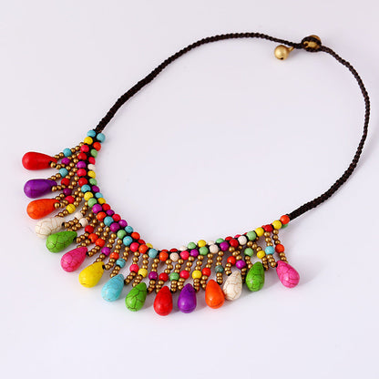 Bohemian Turquoise Hand-Woven Short Money Chain Full Sincere Jewelry Drop Pendant Clavicle Chain Necklace
