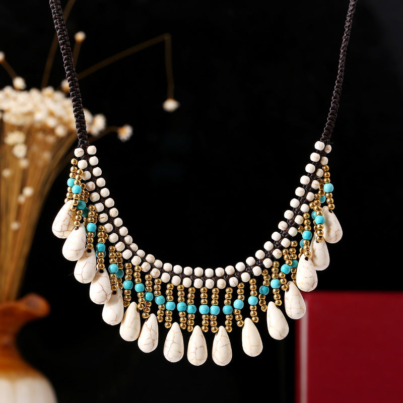 Bohemian Turquoise Hand-Woven Short Money Chain Full Sincere Jewelry Drop Pendant Clavicle Chain Necklace